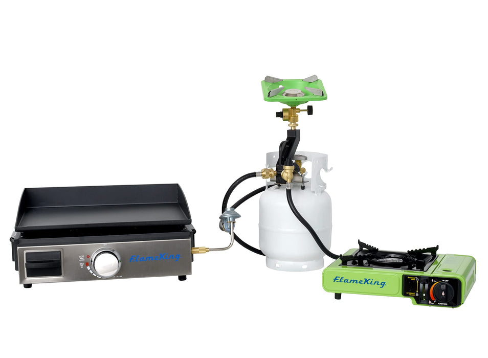 Flame King FK-DTMINI Mini 3-Port Distribution Tree for Camping, Connects 1-lb Appliances to a Standard Propane Tank, Perfect for Lanterns, Stoves, Heaters, and Grills, Black & Gold - Grill Parts America