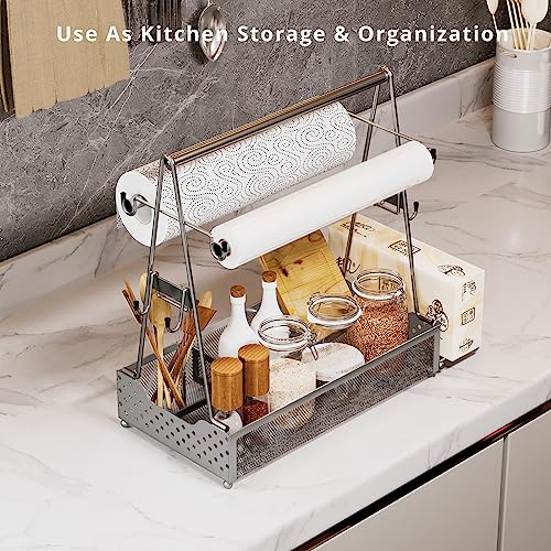 Semlos BBQ Grill Caddy with Paper Towel Holder and Hooks, Condiment Caddy and Storage Organizer for Grilling Tools, Camping Accessories for Barbecue, Picnics, Garage and Travel Trailers, Silver
