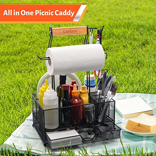Lorbro Large Grill Utensil Caddy with Drawer, Picnic Camping Caddy with Paper Towel Holder, BBQ Organizer for Grilling Tool, Ideal Organizer for Picnic Condiment and Outdoor Griddle Accessories - Grill Parts America