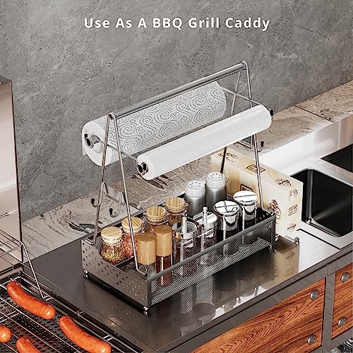 Semlos BBQ Grill Caddy with Paper Towel Holder and Hooks, Condiment Caddy and Storage Organizer for Grilling Tools, Camping Accessories for Barbecue, Picnics, Garage and Travel Trailers, Silver