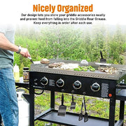 RUSFOL 3-IN-1 Stainless Steel Griddle Spatula Holder with Mesh Screen Grease Gate and 3 Magnetic Hooks for 28"/36" Blackstone Griddles, Flat Top Griddle BBQ Accessories, Free from Drill&Easy install - Grill Parts America