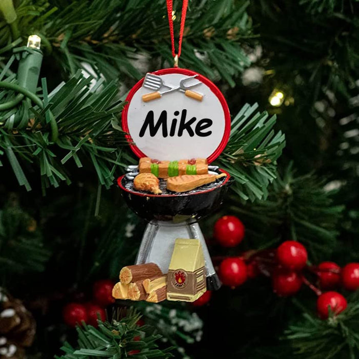 Personalized Grill Christmas Ornament - Grilling Holiday Tree Decoration Outdoor Barbeque Grill BBQ Burger Steak Charcoal Griller Kabob Hickory Wood with Custom Name - Grill Parts America