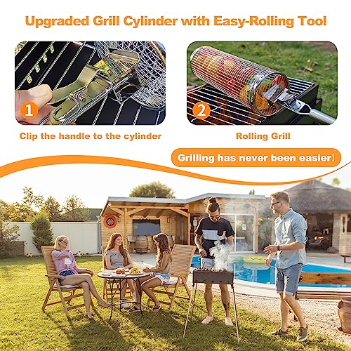 DETEIN 2PACK Rolling Grill Basket with Easy-Rolling Handle, BBQ Grill Basket Cylinder for Outdoor Grill, Cylinder Grill Basket for Veggies Portable Round Tube Grill for Vegetables, Peppers, Meat - Grill Parts America