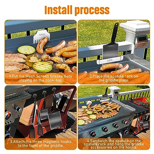 RUSFOL 3-IN-1 Stainless Steel Griddle Spatula Holder with Mesh Screen Grease Gate and 3 Magnetic Hooks for 28"/36" Blackstone Griddles, Flat Top Griddle BBQ Accessories, Free from Drill&Easy install - Grill Parts America