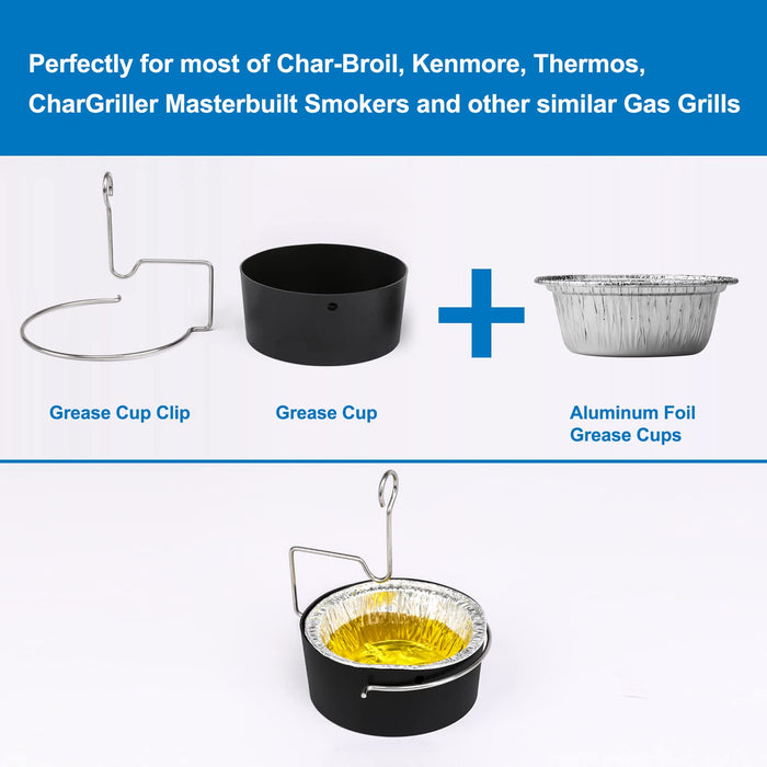 Uniflasy Grease Cup and Grease Clip fits CharBroil Gas Grill, with 15Pack Aluminum Foil Liner, Grease Catch Cup for Masterbuilt 30inch Smoker, for Kenmore and Other Similar Outdoor Grills - Grill Parts America