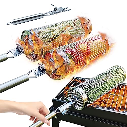 DETEIN 2PACK Rolling Grill Basket with Easy-Rolling Handle, BBQ Grill Basket Cylinder for Outdoor Grill, Cylinder Grill Basket for Veggies Portable Round Tube Grill for Vegetables, Peppers, Meat - Grill Parts America