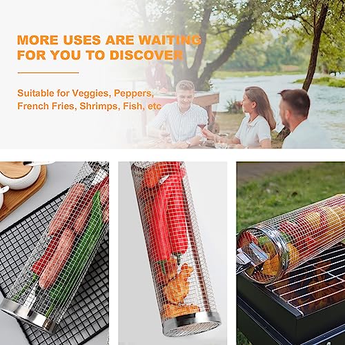DETEIN 2PACK Rolling Grill Basket with Easy-Rolling Handle, BBQ Grill Basket Cylinder for Outdoor Grill, Cylinder Grill Basket for Veggies Portable Round Tube Grill for Vegetables, Peppers, Meat - Grill Parts America