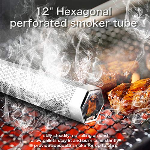 Smoke Tube for Pellet Smoker, 12'' Smoker Tube for Pellet Grill - Hot or Cold Smoker Accessories for Electric Gas Charcoal Grilling, Premium Stainless Steel Portable Barbecue Smoking Tube, Bonus Brush - Grill Parts America