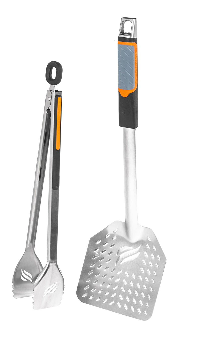 Blackstone 5282 Frying Tongs and Skimmer Spatula Set for Barbeque and Grilling 1 Long Handled Tong with Square Hang Loop, 1 Large Slotted Air Fryer Basket Scoop, Stainless Steel, Silicone Grip - Grill Parts America