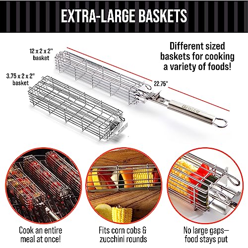 BRAIZE Large Kabob Grilling Baskets Set of 4 w/ Removable Handle - Stainless Steel vegatable grill baskets for outdoor grill utensils - Large Capacity (12 x 2 x 2) Secure easy-latch lid. Great camping cooking gear for your campfire grill. (3pc wide kabob - Grill Parts America
