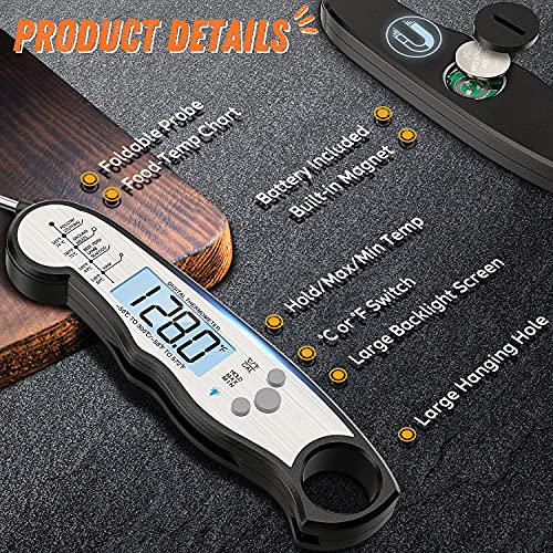 Digital Meat Thermometer, Waterproof Instant Read Food Thermometer for Cooking and Grilling, Kitchen Gadgets, Accessories with Backlight & Calibration for Candy, BBQ Grill, Liquids, Beef, Turkey… - Grill Parts America