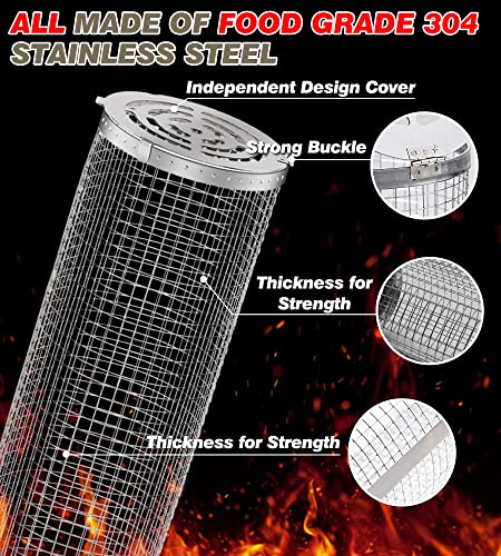 Rolling Grilling Baskets for Outdoor Grill Bbq 12 In Large Stainless Steel Barbecue Cylinder Mesh Round Net Tube Circular Cooking Roll Cage Wire Basket for Fish Vegetable Meat - Grill Parts America