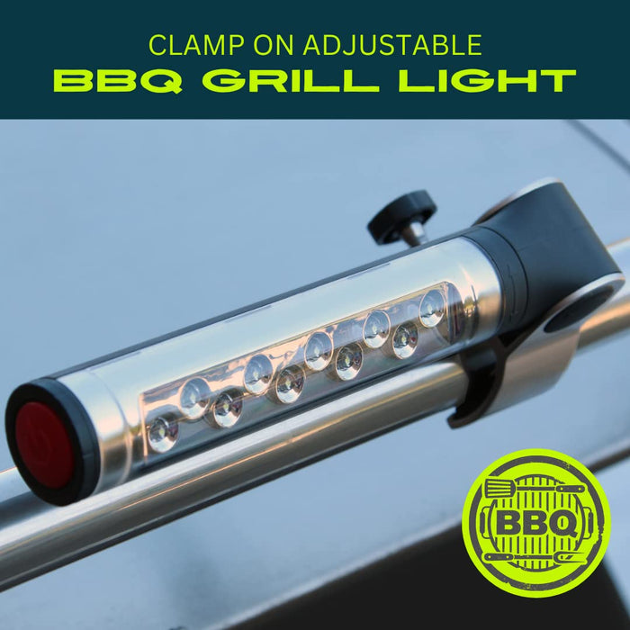 LIGHTACCENTS Barbecue Grill Light, Battery Operated LED BBQ Grill Light, Aluminum Clamp, Adjustable 180 Degrees, 10 LED Bulbs, Perfect for Outdoor Kitchen - Grill Parts America