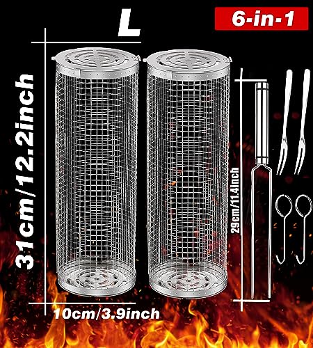 Rolling Grilling Baskets for Outdoor Grill Bbq 12 In Large Stainless Steel Barbecue Cylinder Mesh Round Net Tube Circular Cooking Roll Cage Wire Basket for Fish Vegetable Meat - Grill Parts America