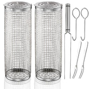 Rolling Grilling Baskets for Outdoor Grill Bbq 12 In Large Stainless Steel Barbecue Cylinder Mesh Round Net Tube Circular Cooking Roll Cage Wire Basket for Fish Vegetable Meat - Grill Parts America