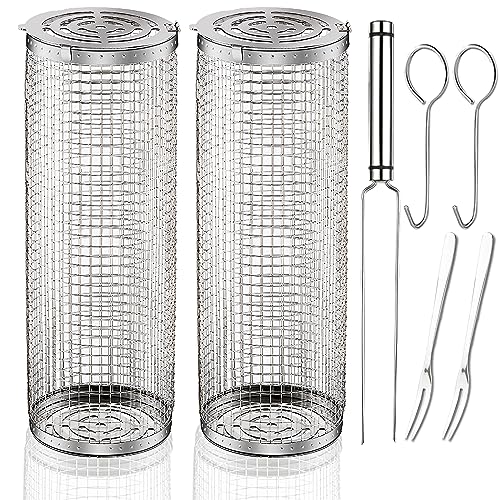 Rolling Grilling Baskets for Outdoor Grill Bbq 12 In Large Stainless Steel Barbecue Cylinder Mesh Round Net Tube Circular Cooking Roll Cage Wire Basket for Fish Vegetable Meat - Grill Parts America