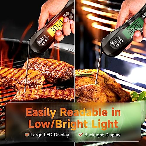 Meat Thermometer Digital, Meat Thermometers for Grilling and Cooking, Waterproof Instant Read Food Thermometer with Accurate Readings, Large LED Backlit Display and Foldable Probe for Kitchen & BBQ - Grill Parts America