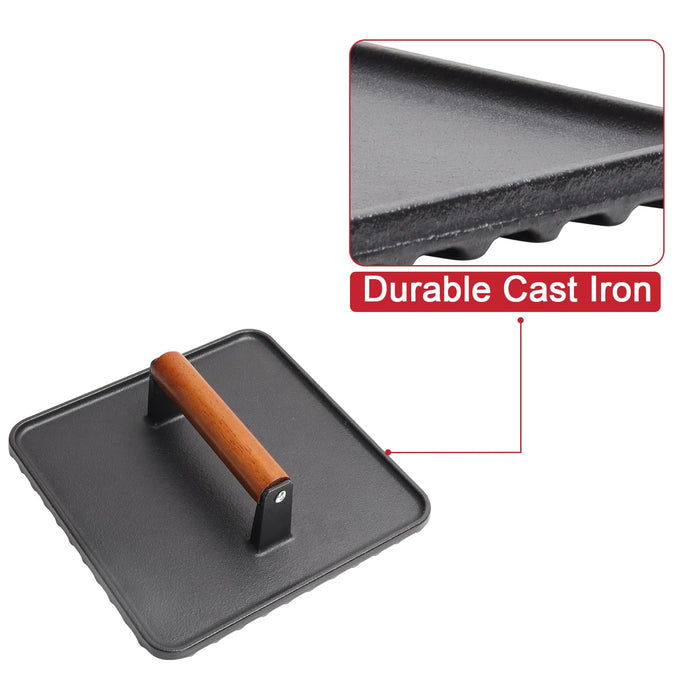 GLOWYE Square Cast Iron Burger Press - 10 Inch Heavy-Duty Meat Weight Press with Wood Handle, Griddle Press for Blackstone/Weber/Camp Chef/Pitboss, 2 Pack Cooking Press for Bacon - Grill Parts America