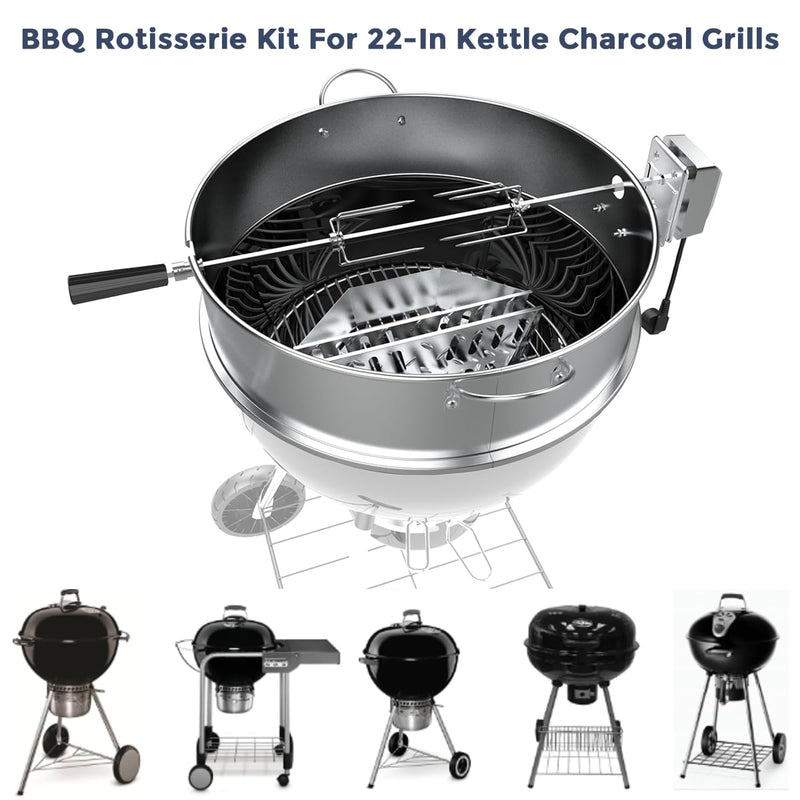 IULULU BBQ Rotisserie 22.5-Inch Kettle-Stainless Steel Grill Rotisseriee Ring Kits for Weber CharcoalGrills with Motor, Forks, Extendable Spit Rod (27"-40"), Silver - Grill Parts America