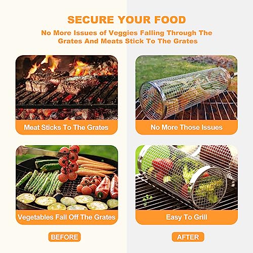 DETEIN 2PACK Rolling Grill Basket with Easy-Rolling Handle, BBQ Grill Basket Cylinder for Outdoor Grill, Cylinder Grill Basket for Veggies Portable Round Tube Grill for Vegetables, Peppers, Meat - Grill Parts America