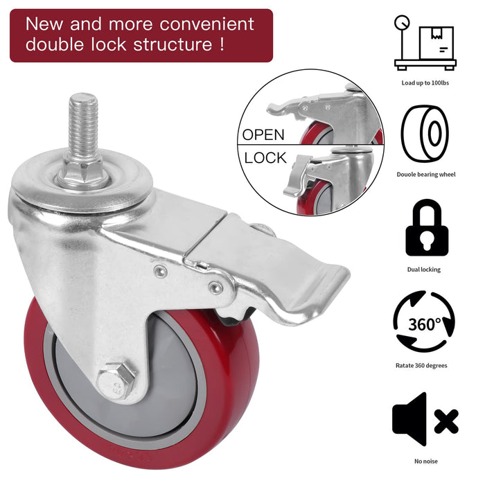 DICASAL 3 Inch Heavy Duty Stem Casters 360 Degree Swivel Thread Wheels with Metric Size M12-1.75 Screw Bolt Double Locking Brake Castor Wheel Load Capacity Upto 900 Lbs Pack of Four - Grill Parts America