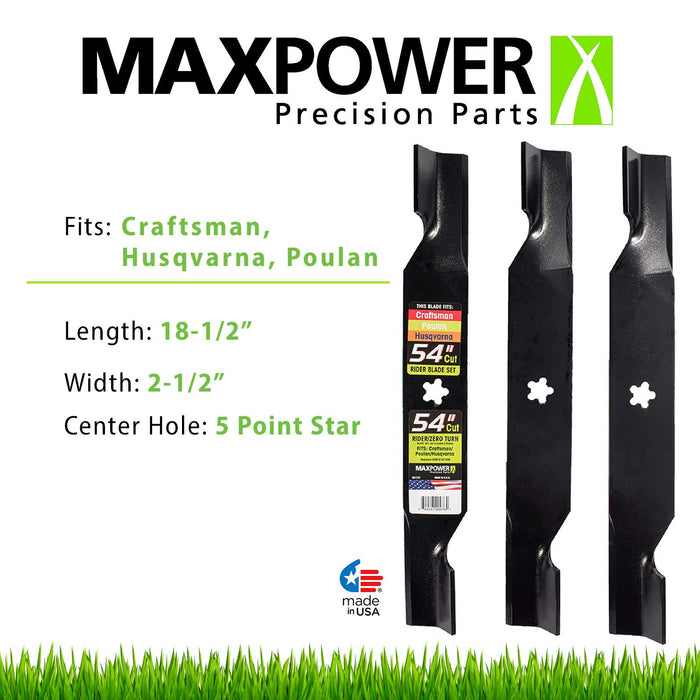 MaxPower 561747B 3 Blade Set for Many 54 in. Cut Craftsman, Husqvarna, Poulan Mowers Replaces OEM #'s 187256 and 532187256,yellow - Grill Parts America