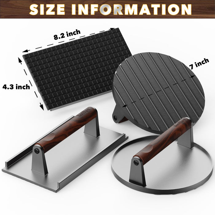 SemiShare Burger Press and Grill Press with Walnut Wood Handle, 7.28'' Round & 8.66''×4.72'' Rectangle Cast Iron Smash Burger Press for Grill, Sandwich, Paninis, Blackstone Griddle Accessories - Grill Parts America