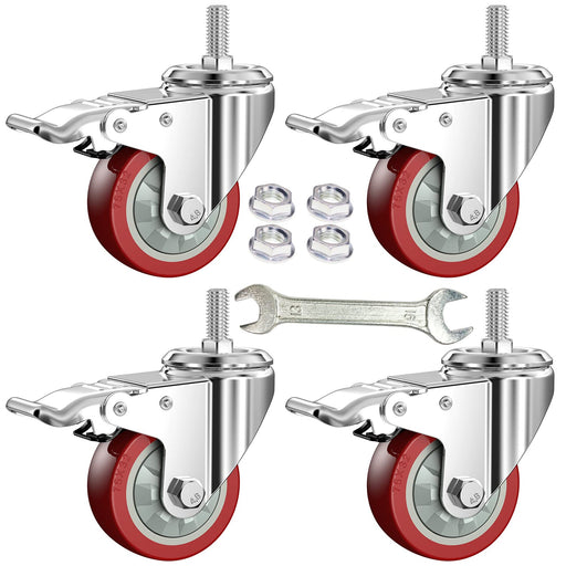 DICASAL 3 Inch Heavy Duty Stem Casters 360 Degree Swivel Thread Wheels with Metric Size M12-1.75 Screw Bolt Double Locking Brake Castor Wheel Load Capacity Upto 900 Lbs Pack of Four - Grill Parts America