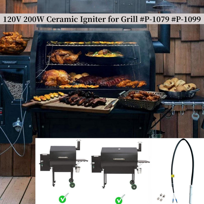 Daniel Boone and Jim Bowie Grill hot Rod Igniter Replacement Compatible with P-1079 P-1099, 120V 200W 1 Upgraded Ceramic igniter with 2 5A 20mm fuses - Grill Parts America