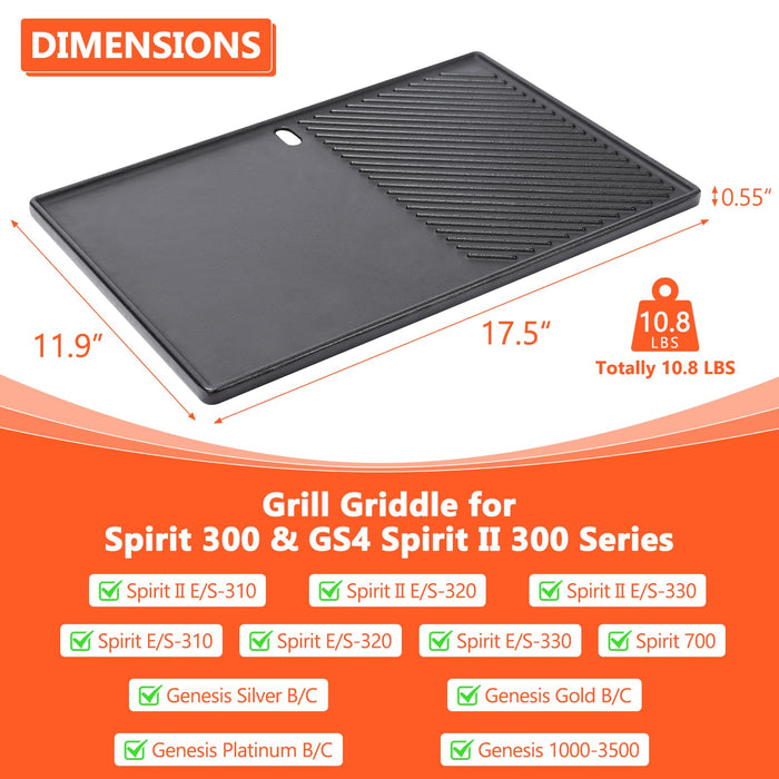 QuliMetal Reversible 7598 Griddle Replacement Parts for Weber Spirit 300 & GS4 Spirit II 300 Series Grills, Spirit E310, Genesis Silver Gold B C, Genesis 1000-5000 Cast Iron Griddle Plate 7658, 1 Pack - Grill Parts America