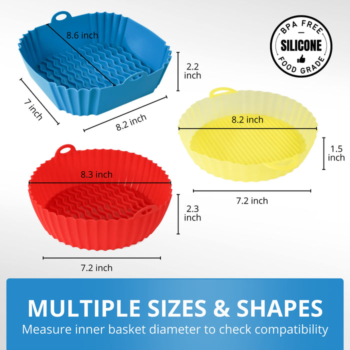 3 Pack Air Fryer Silicone Liners Pot, Round & Square Food Grade Air Fryer Accessories, 8 Inch Reusable Baking Tray Oven Accessories, Air Fryer Silicone Basket Bowl, No Need to Clean Fryer(For 5 to 6Q) - Grill Parts America