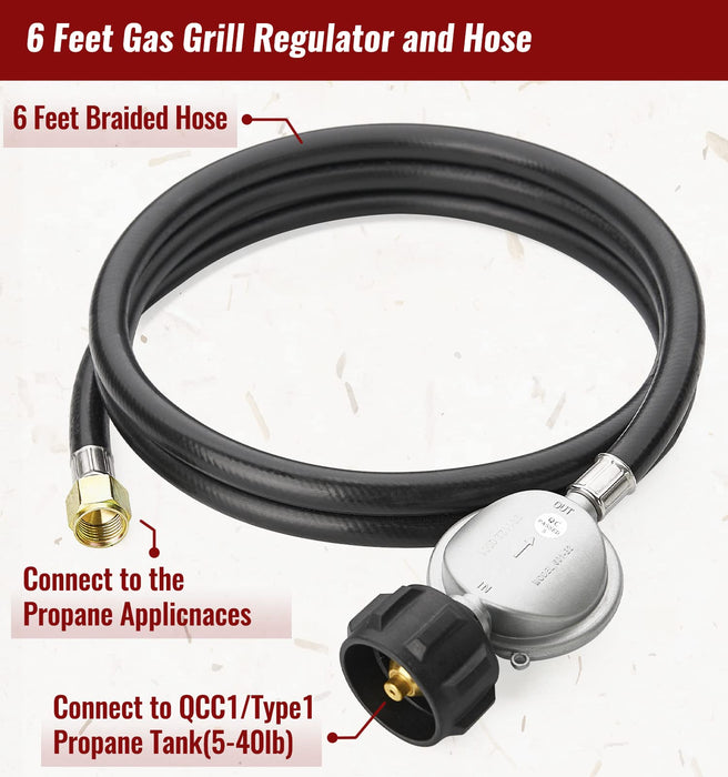 CALPOSE 6 Feet Propane Hose with Regulator, Universal Gas Grill Regulator and Hose for Blackstone 28''/36'' Griddle, Weber Grill, Propane fire Pit and More, 3/8" Female Flare for Most LP Gas Grills - Grill Parts America
