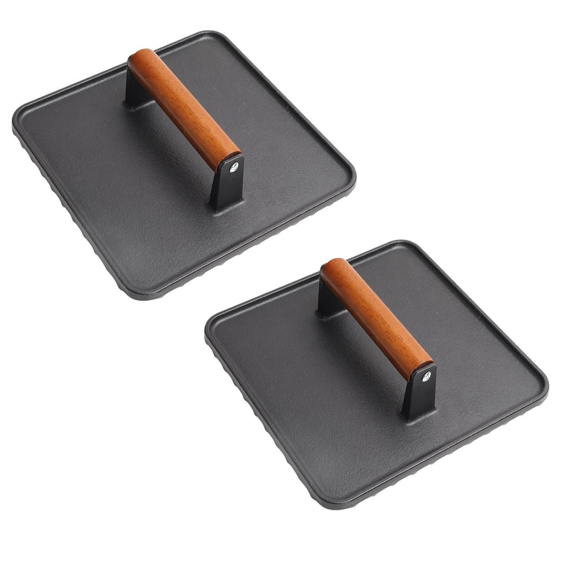 GLOWYE Square Cast Iron Burger Press - 10 Inch Heavy-Duty Meat Weight Press with Wood Handle, Griddle Press for Blackstone/Weber/Camp Chef/Pitboss, 2 Pack Cooking Press for Bacon - Grill Parts America