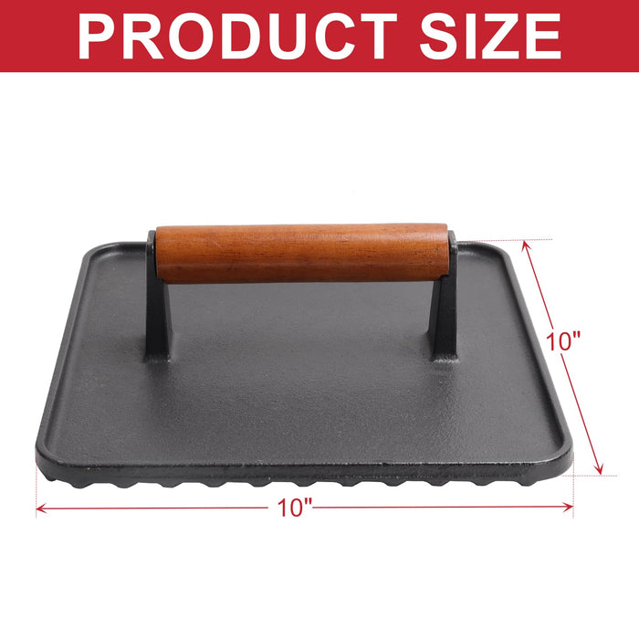 GLOWYE Square Cast Iron Burger Press - 10 Inch Heavy-Duty Meat Weight Press with Wood Handle, Griddle Press for Blackstone/Weber/Camp Chef/Pitboss, 2 Pack Cooking Press for Bacon - Grill Parts America