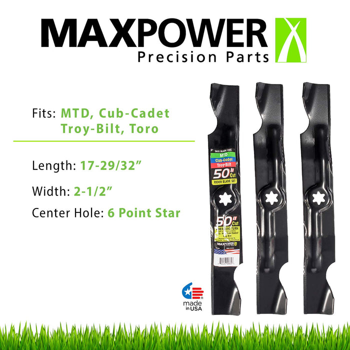 MaxPower 561545B 3-Blade Set for Many 50 in. Cut MTD, Cub Cadet, Troy-Bilt Mowers, Replaces OEM #'s 742-04056, 942-04056, 112-0316 and Others,Red - Grill Parts America