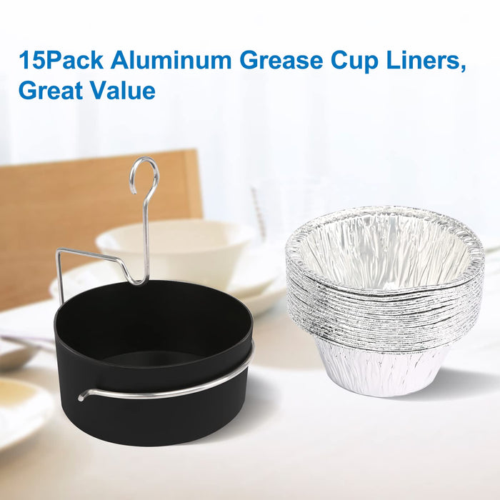 Uniflasy Grease Cup and Grease Clip fits CharBroil Gas Grill, with 15Pack Aluminum Foil Liner, Grease Catch Cup for Masterbuilt 30inch Smoker, for Kenmore and Other Similar Outdoor Grills - Grill Parts America