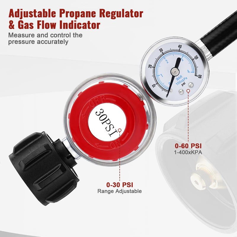Welltop 4FT Propane Hose with Regulator, High Pressure 0-30 PSI QCC1 Propane Tank Adapter Hose 20lb to 1lb Converter with Gauge for Most LP Gas Grill Heater Fire Pit Table, 3/8" Female Flare Nut - Grill Parts America