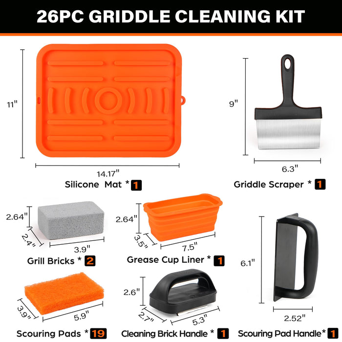 LotFancy Griddle Cleaning Kit for Blackstone, 26 Pc Flat Top Grill Cleaner Accessories, Griddle Scraper, Scouring Pad, Silicone Spatula Mat, Grill Stone, Grease Cup Liner - Grill Parts America
