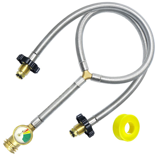 MEFUN Upgrade Stainless Braided Y-Splitter Dual Propane Tank Converter Adapter Hose with Gauge,2 Way Propane Splitter POL Inlet&POL/QCC1 Regulator Exit Connect 5-100LBS Cylinder Tank for Grill, Heater - Grill Parts America