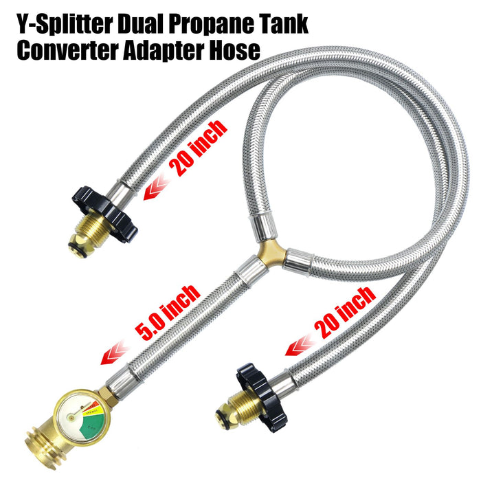 MEFUN Upgrade Stainless Braided Y-Splitter Dual Propane Tank Converter Adapter Hose with Gauge,2 Way Propane Splitter POL Inlet&POL/QCC1 Regulator Exit Connect 5-100LBS Cylinder Tank for Grill, Heater - Grill Parts America