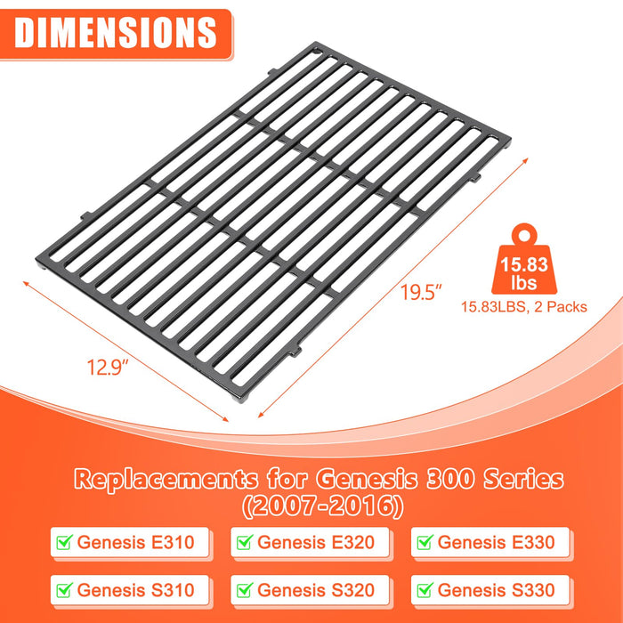 QuliMetal Porcelain Cast Iron Grates For Weber Genesis 300 Series - 19.5 Inch Replacement Cooking Grates