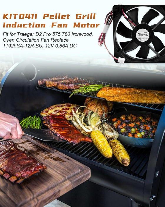 SZRKRLA Pellet Grill Induction Fan Motor KIT0411 Fit for Traeger D2 Pro 575 780 Ironwood Even Heat Distribution Oven Circulation Fan Parts Replace 11925SA-12R-BU 12V 0.86A DC - Grill Parts America