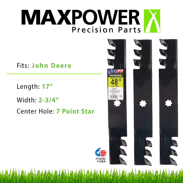 MaxPower 561812XB Set of 3, 3-N-1 Commercial Mulching Blades for 48 in. Cut John Deere Mowers, Replaces OEM no. GX21784, GX21786, Black - Grill Parts America