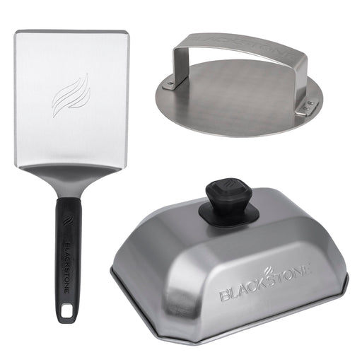 Blackstone 5462 Hamburger Kit (3 Piece) – Metal Flipper Spatula Turner, Basting Cover & Hamburger Press Patty Stainless Steel Burger Maker Set for Bacon, Steak–Griddle Accessories for Grilling, Black - Grill Parts America