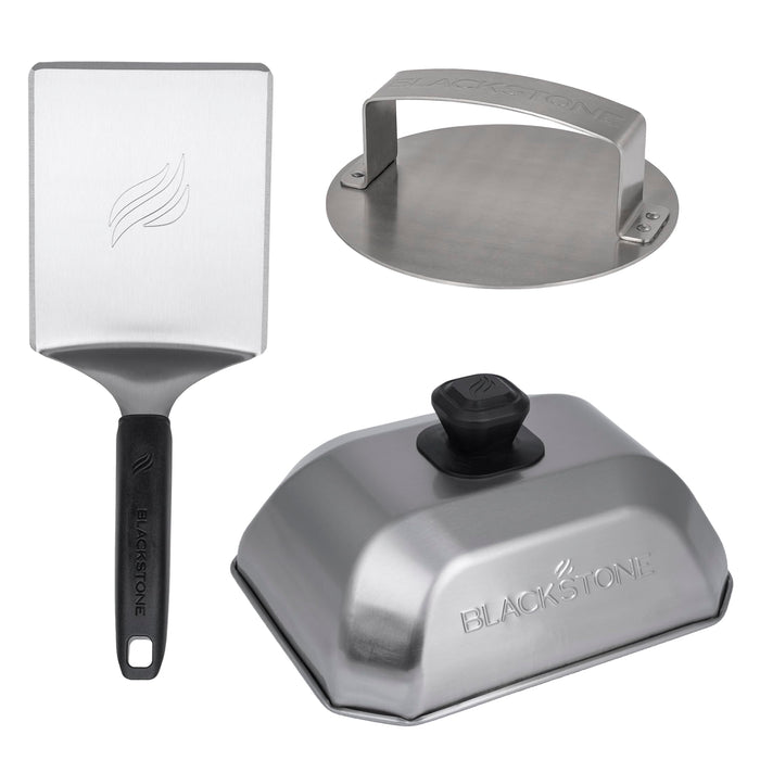 Blackstone 5462 Hamburger Kit (3 Piece) – Metal Flipper Spatula Turner, Basting Cover & Hamburger Press Patty Stainless Steel Burger Maker Set for Bacon, Steak–Griddle Accessories for Grilling, Black - Grill Parts America