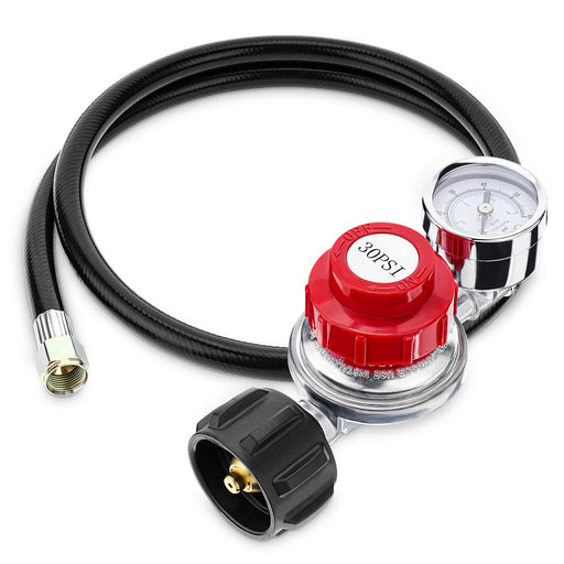 Welltop 4FT Propane Hose with Regulator, High Pressure 0-30 PSI QCC1 Propane Tank Adapter Hose 20lb to 1lb Converter with Gauge for Most LP Gas Grill Heater Fire Pit Table, 3/8" Female Flare Nut - Grill Parts America