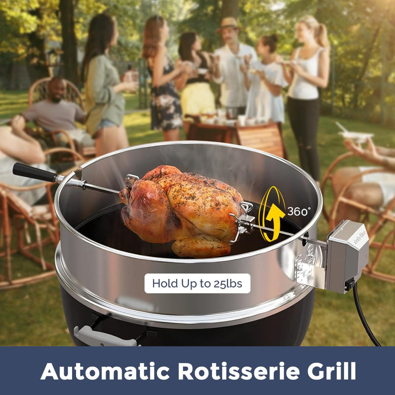 IULULU BBQ Rotisserie 22.5-Inch Kettle-Stainless Steel Grill Rotisseriee Ring Kits for Weber CharcoalGrills with Motor, Forks, Extendable Spit Rod (27"-40"), Silver - Grill Parts America