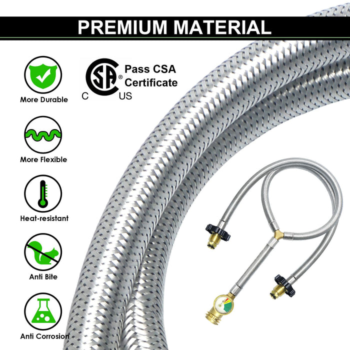 MEFUN Upgrade Stainless Braided Y-Splitter Dual Propane Tank Converter Adapter Hose with Gauge,2 Way Propane Splitter POL Inlet&POL/QCC1 Regulator Exit Connect 5-100LBS Cylinder Tank for Grill, Heater - Grill Parts America