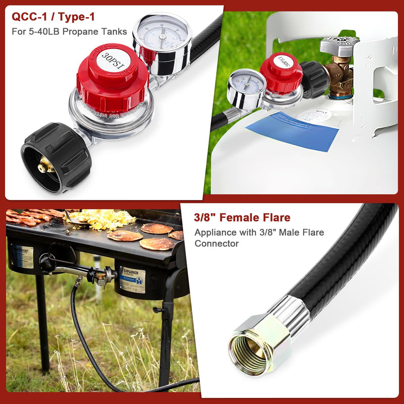 Welltop 4FT Propane Hose with Regulator, High Pressure 0-30 PSI QCC1 Propane Tank Adapter Hose 20lb to 1lb Converter with Gauge for Most LP Gas Grill Heater Fire Pit Table, 3/8" Female Flare Nut - Grill Parts America