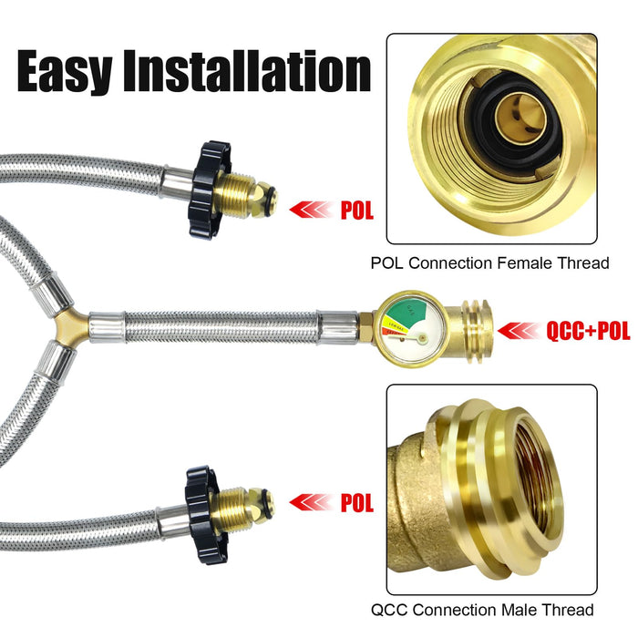 MEFUN Upgrade Stainless Braided Y-Splitter Dual Propane Tank Converter Adapter Hose with Gauge,2 Way Propane Splitter POL Inlet&POL/QCC1 Regulator Exit Connect 5-100LBS Cylinder Tank for Grill, Heater - Grill Parts America